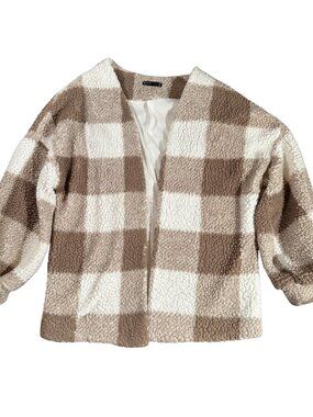 SHEIN Buffalo Plaid Sherpa Teddy Coat Women's XS Tan White Open Front